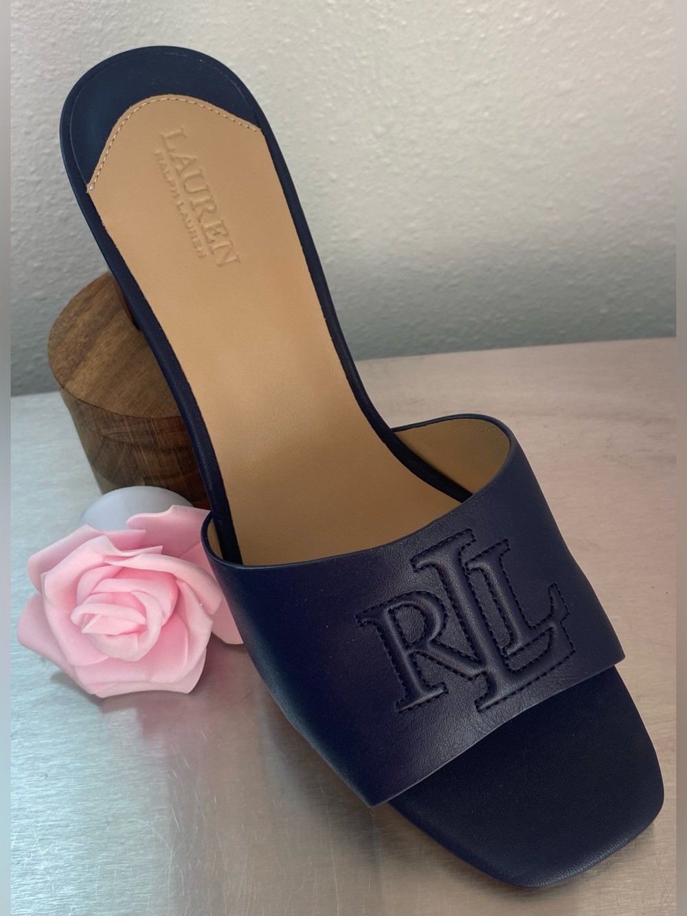 RALPH LAUREN NAVY LEATHER BLOCK HEEL MULES-NEW - Picture 9 of 15